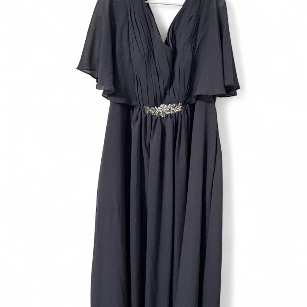 Elegant Black Flutter Sleeve Evening Dress with Embellished Waist